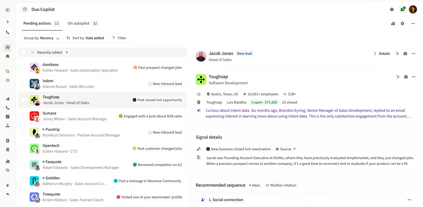 Amplemarket Duo Copilot queue showing signals, account context, and a recommended sequence