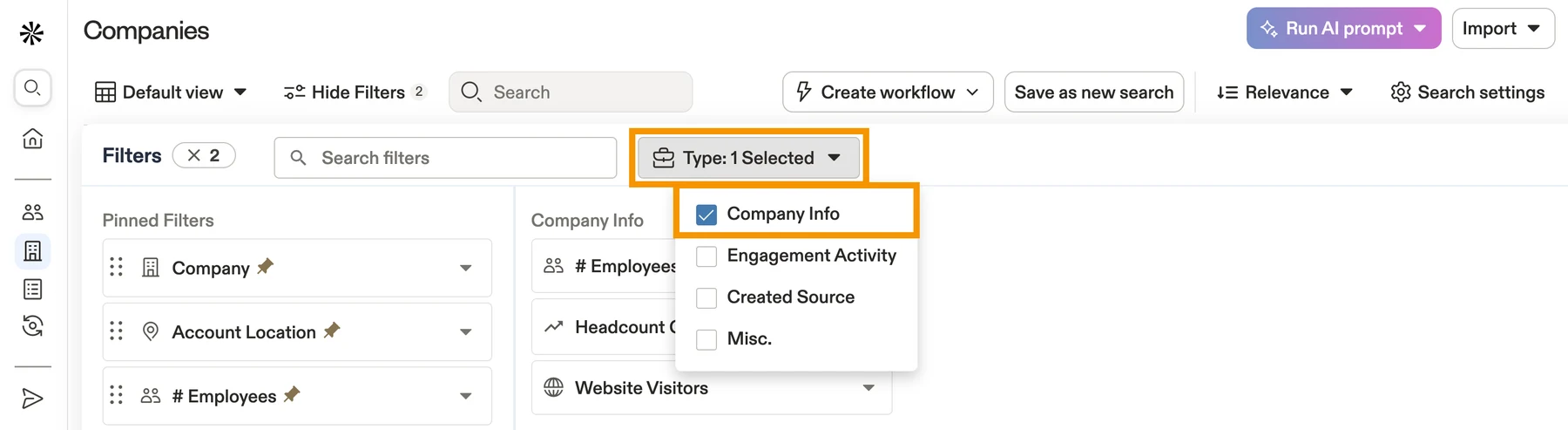 Apollo company search filters for company information, engagement activity, and source
