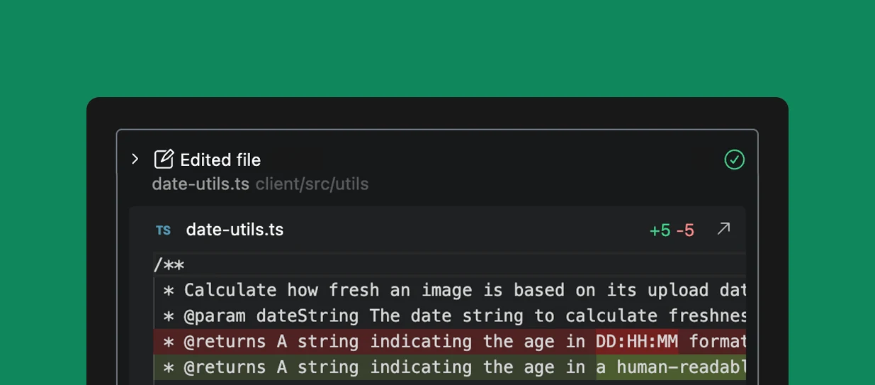 Augment Agent file action expanded to show a code diff inside the IDE