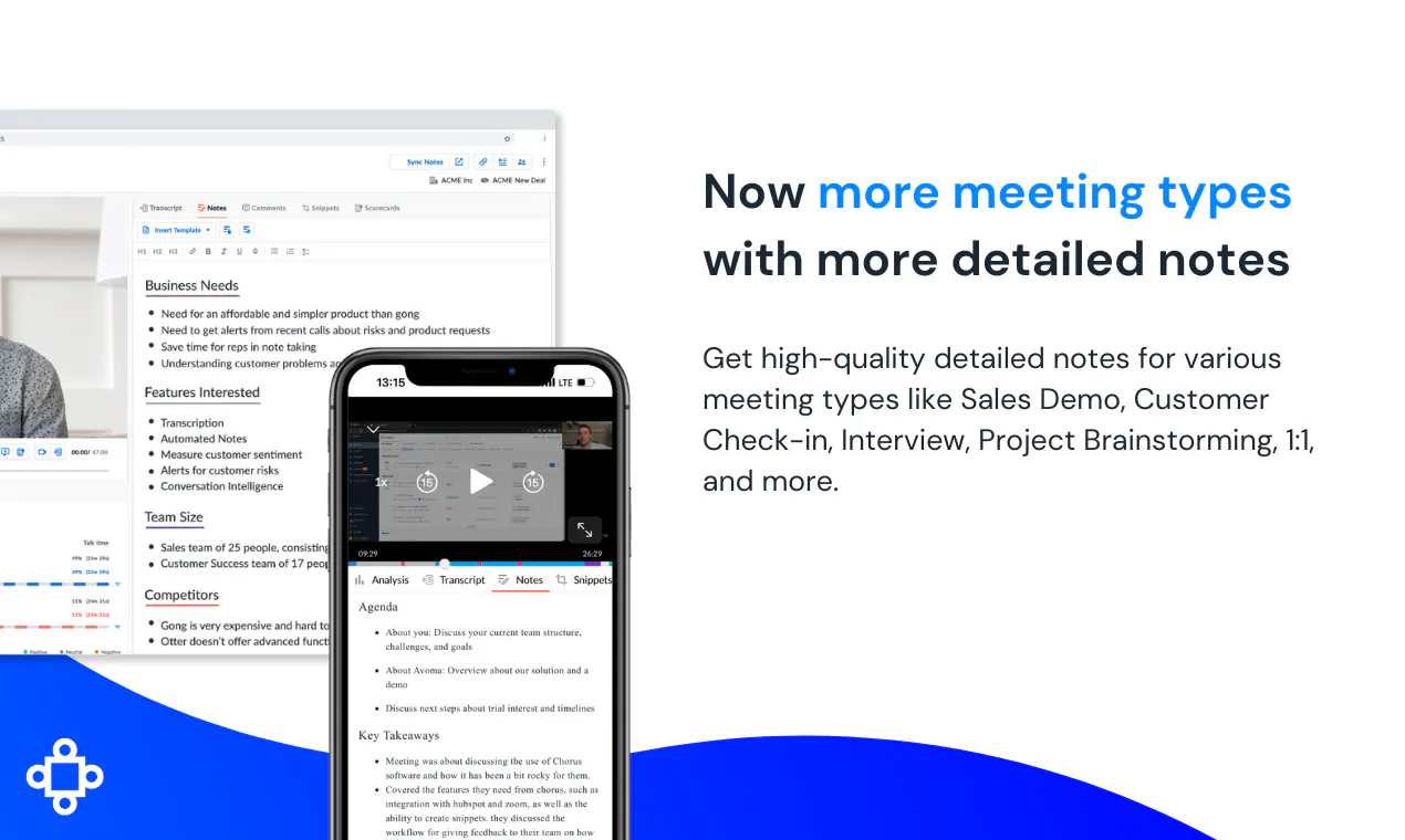 Avoma meeting notes on desktop and mobile from its Product Hunt launch