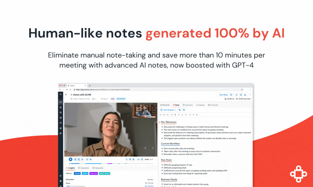 Avoma AI-generated meeting notes shown in its Product Hunt launch gallery