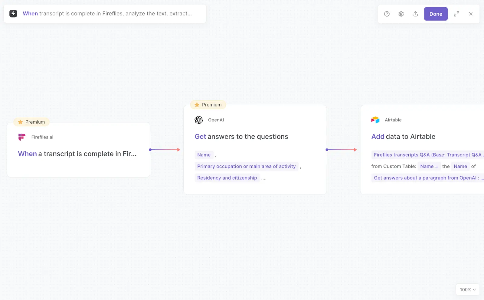 Bardeen visual workflow with a Fireflies trigger, OpenAI step, and Airtable action