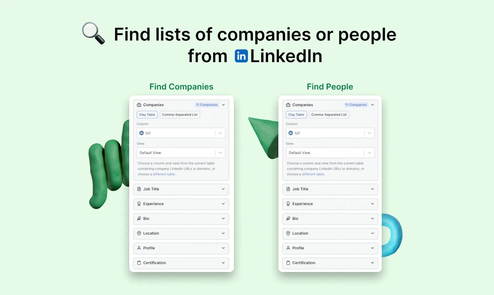 Clay controls for building company and people lists from LinkedIn data