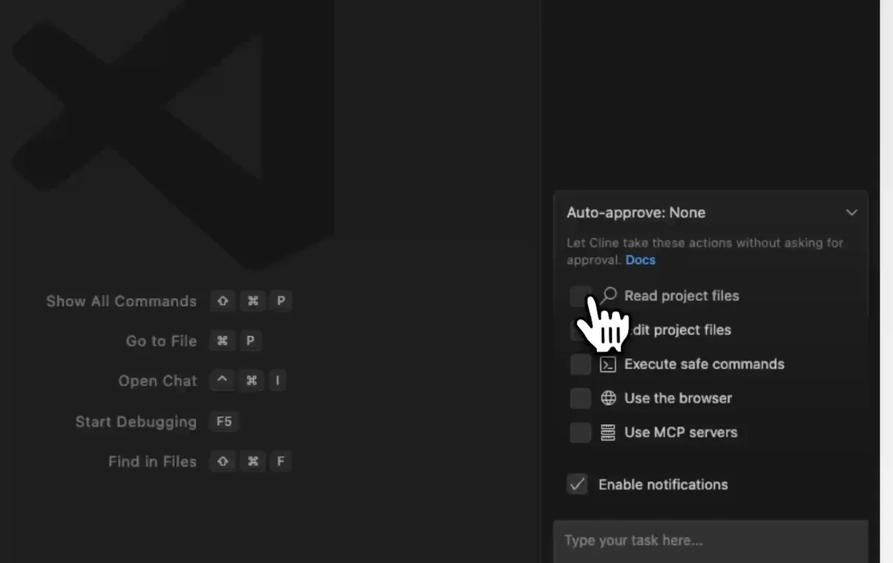 Cline Auto-approve menu with separate controls for files, commands, browser, and MCP servers