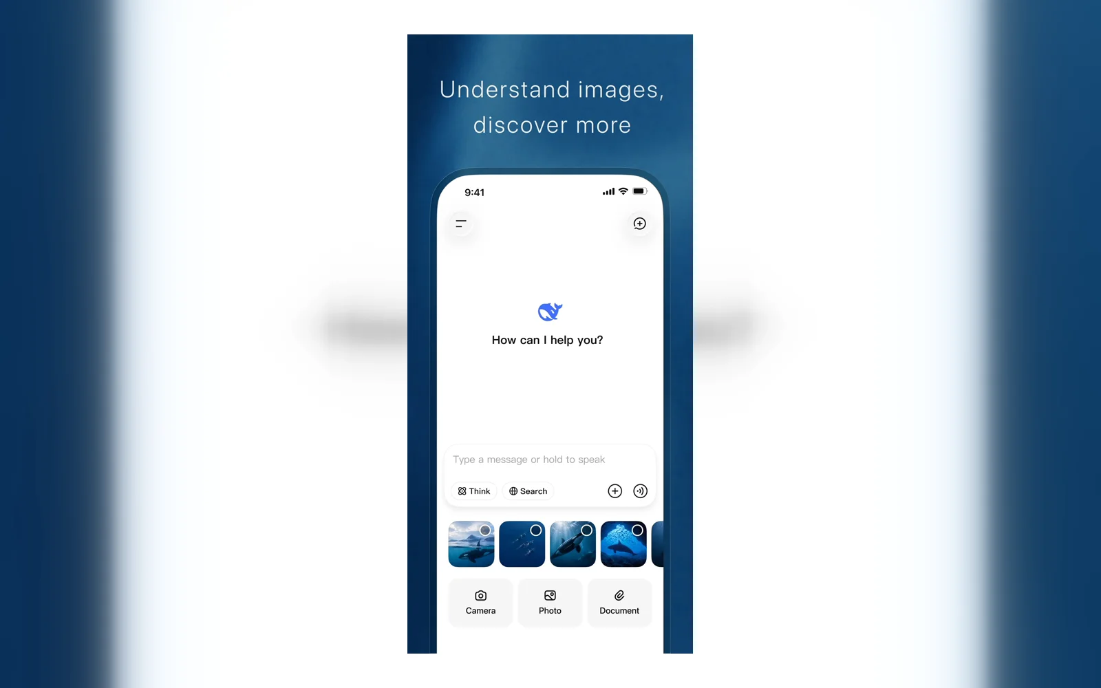 DeepSeek mobile assistant home screen with image and document inputs