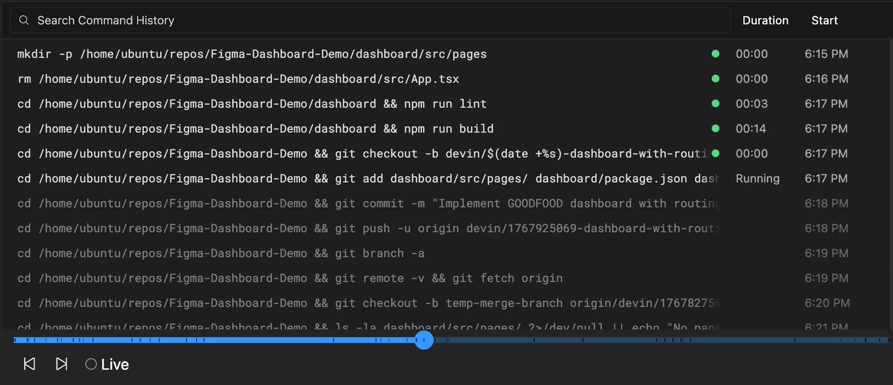 Devin command history showing shell commands, durations, start times, and a session timeline