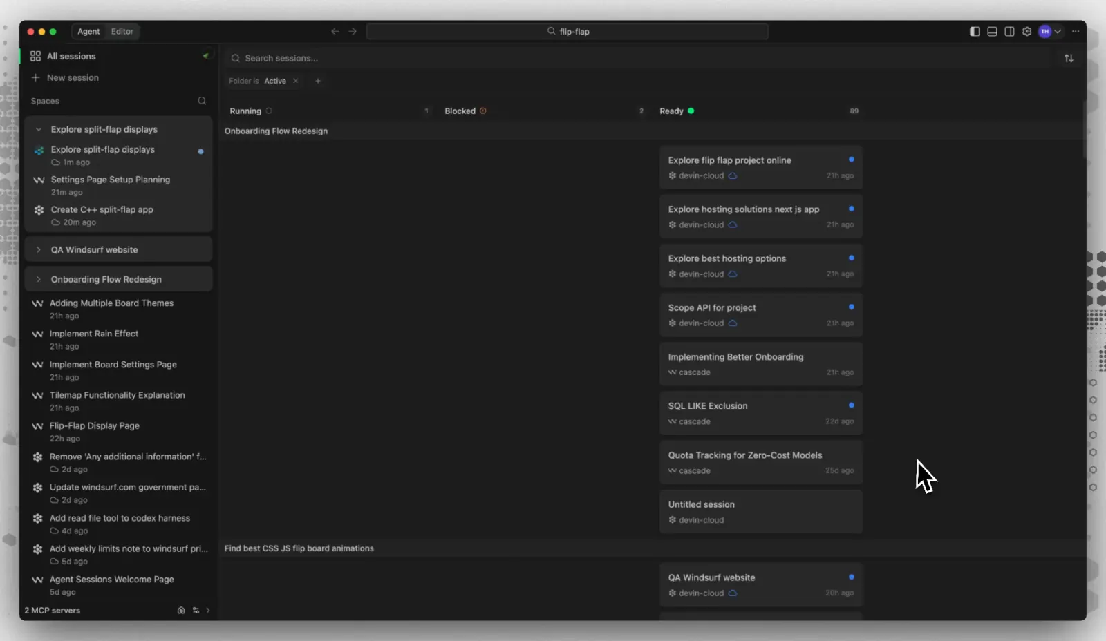 Devin Desktop Agent Command Center with local and cloud sessions arranged by status