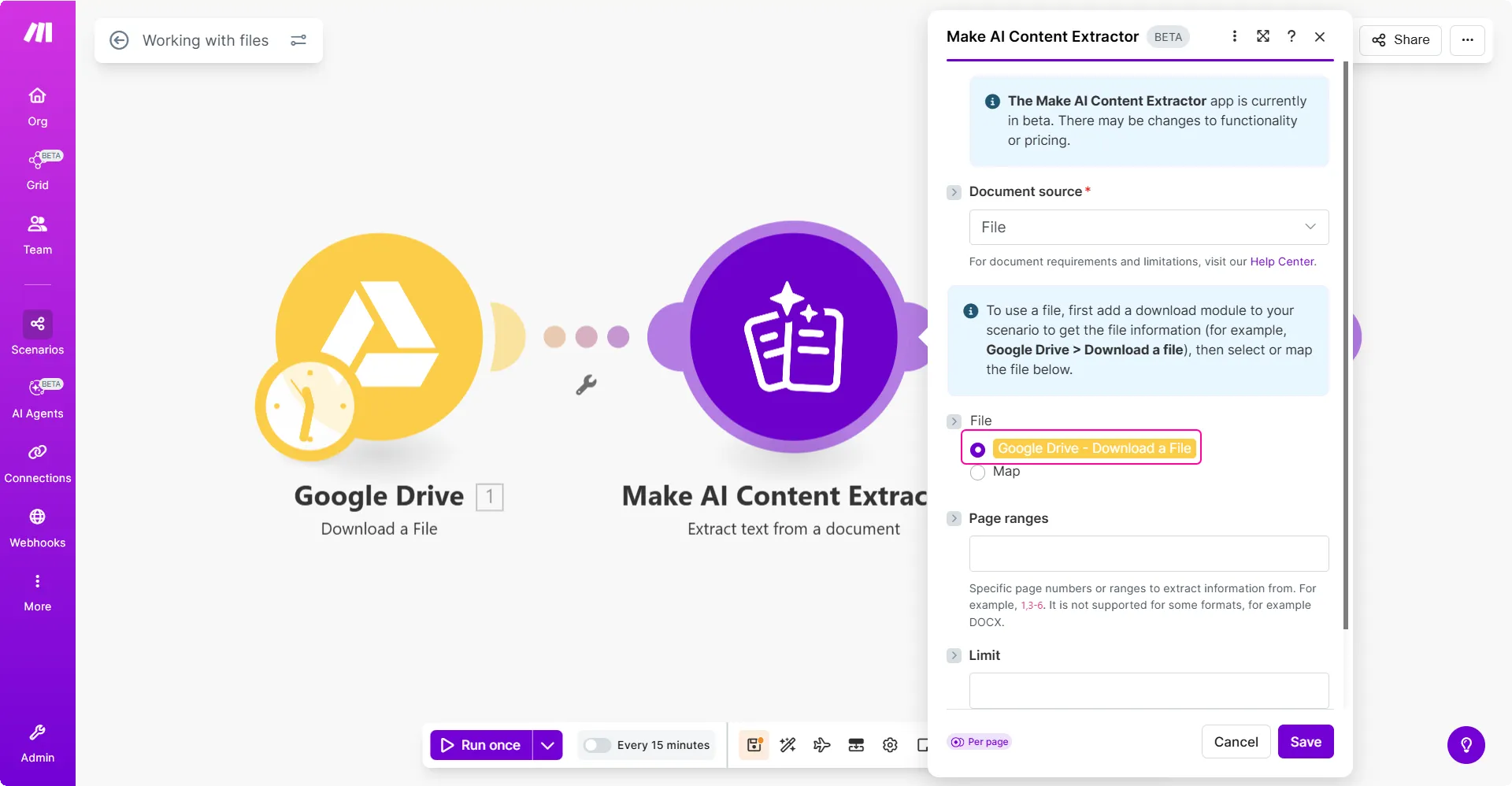 Make scenario mapping a Google Drive file into the AI Content Extractor document module