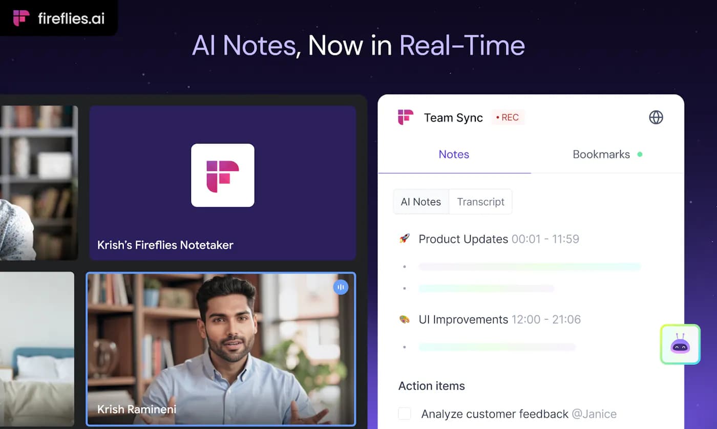 Fireflies.ai live AI notes interface shown in its Product Hunt launch gallery