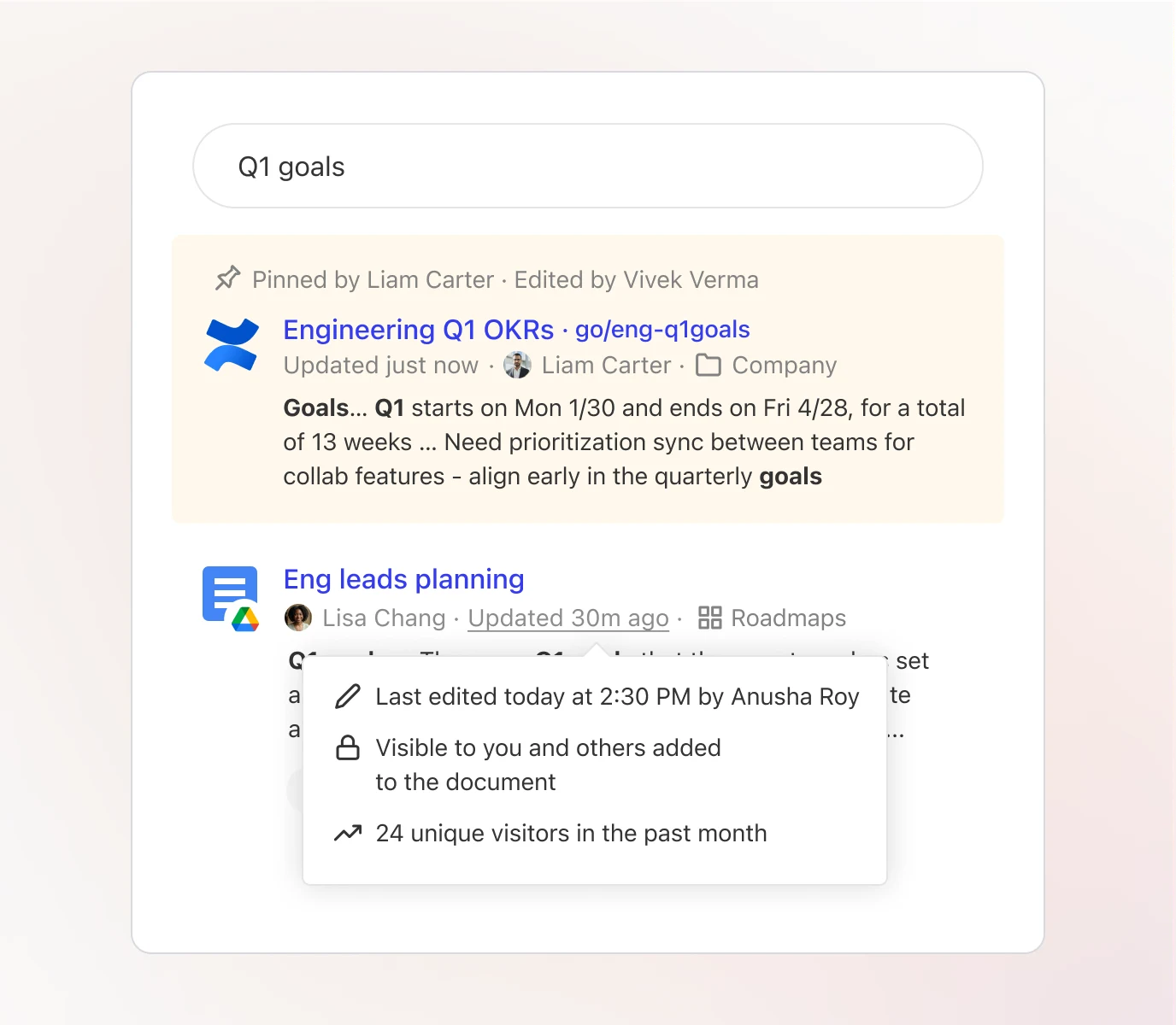 Glean search results for company goals from Confluence and Google Drive