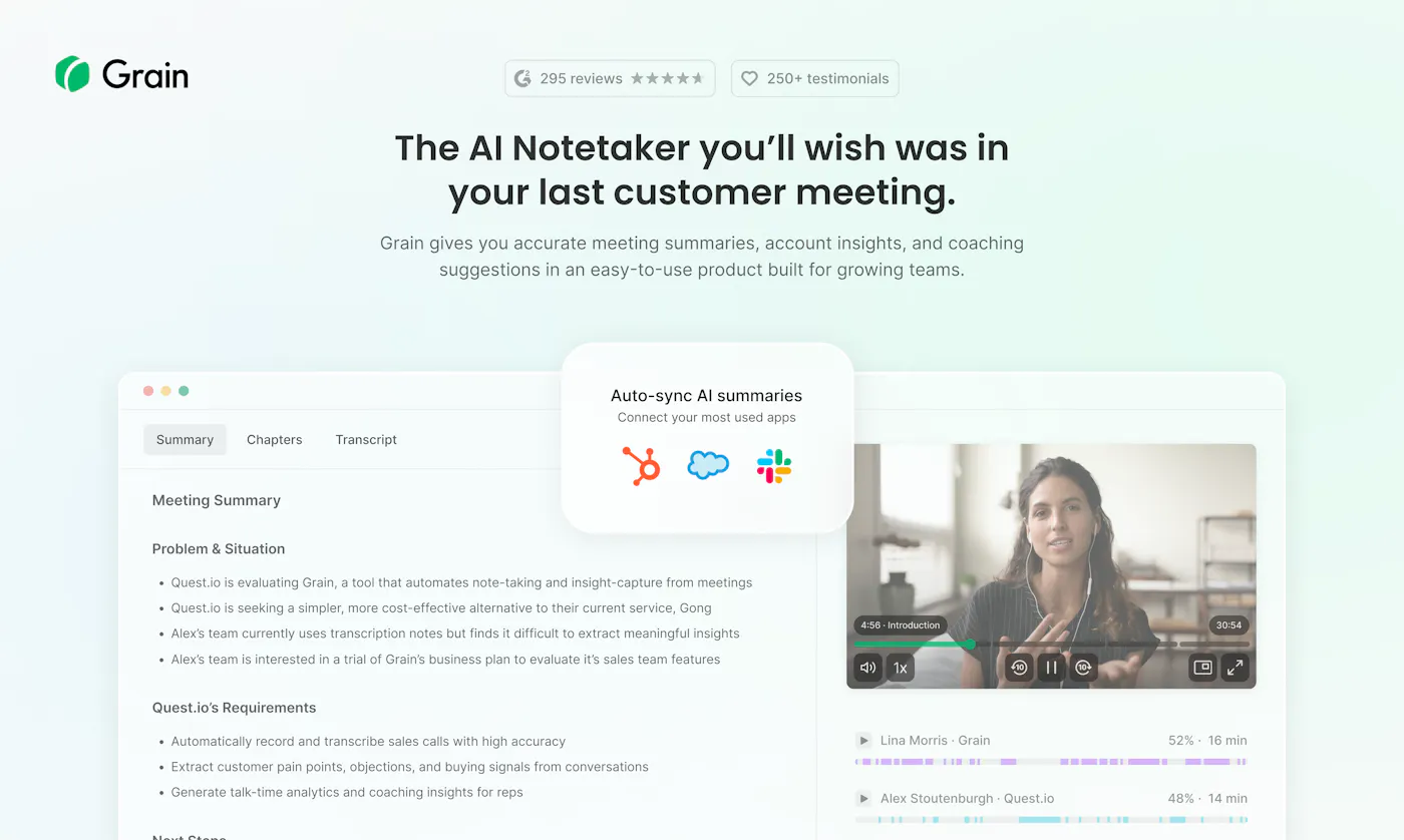 Grain AI meeting notes interface shown in its Product Hunt launch gallery