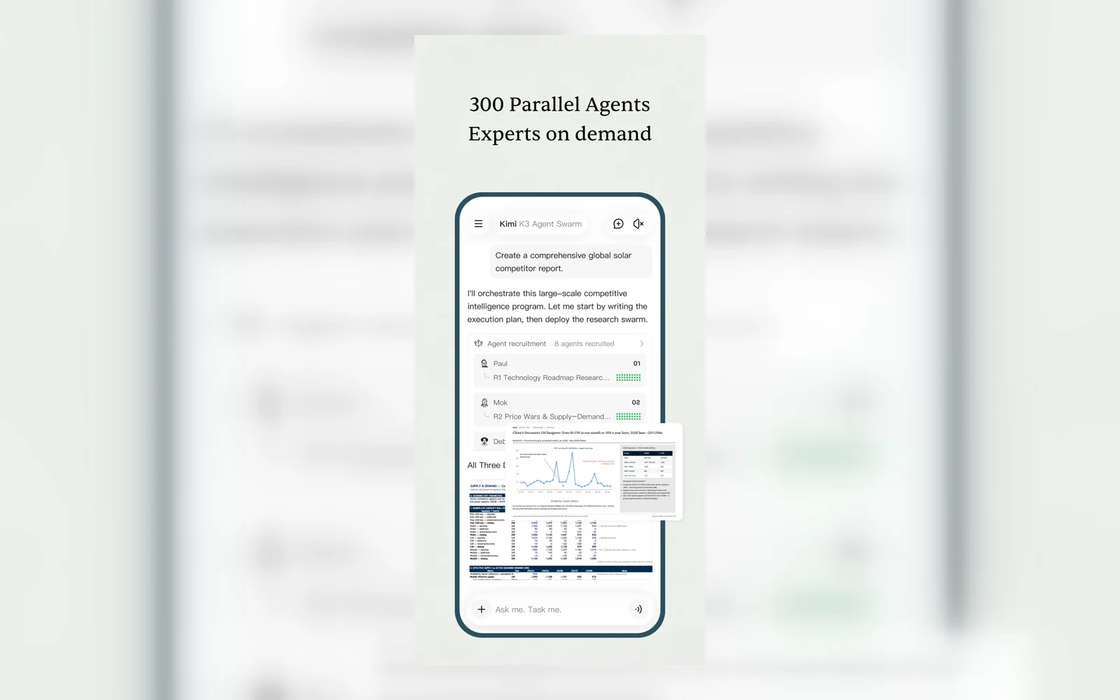 Kimi mobile assistant coordinating parallel research agents