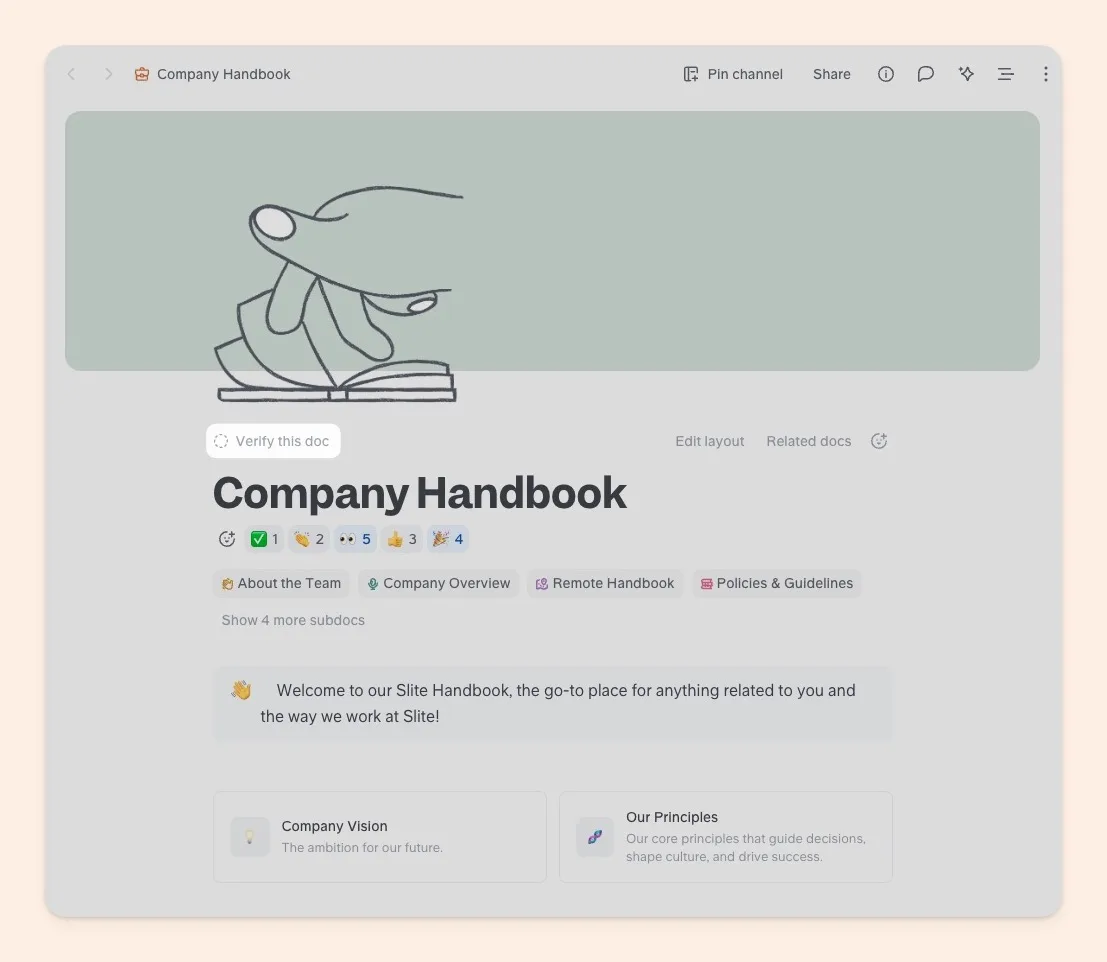 Slite company handbook page with a Verify this doc control