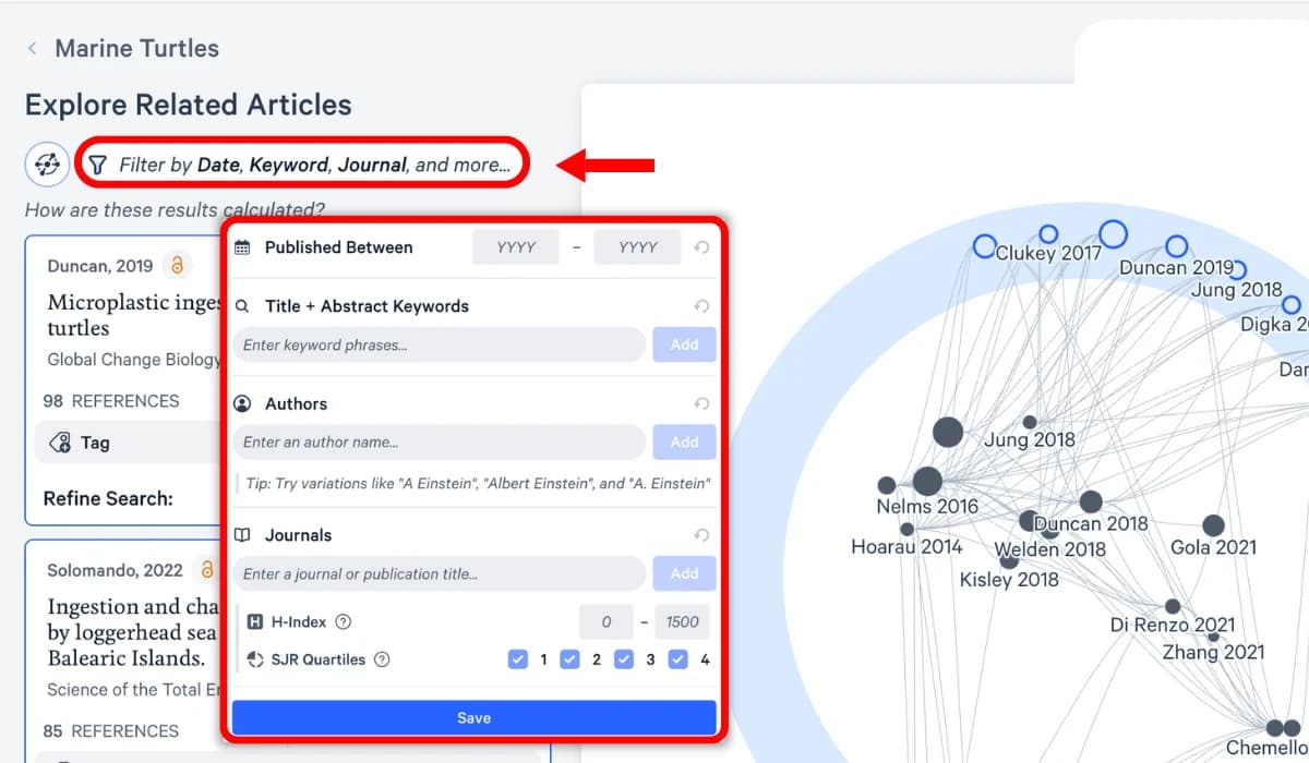 Litmaps vendor example showing date, keyword, author, journal, H-index, and SJR filters beside a citation map