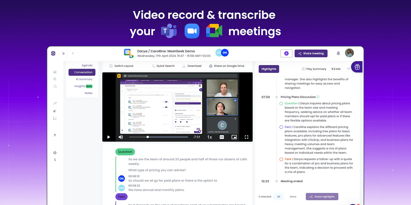 MeetGeek recording and meeting summary workflow from its Product Hunt launch
