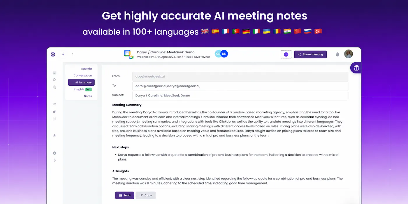 MeetGeek AI meeting notes interface shown in its Product Hunt launch gallery