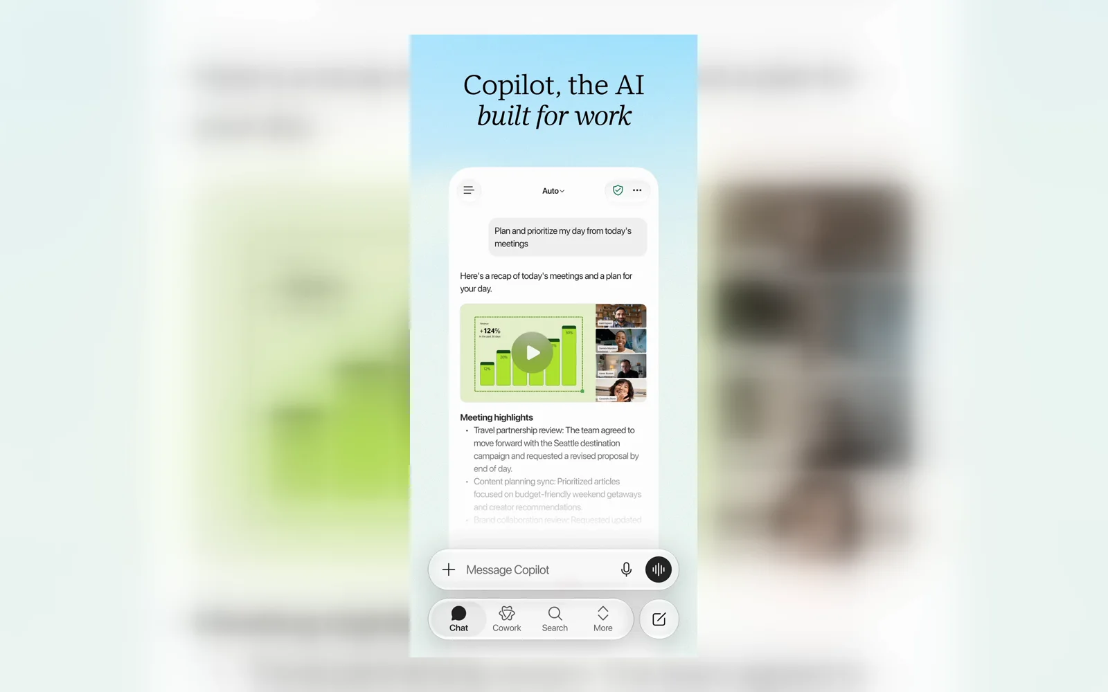 Microsoft Copilot mobile app planning a workday from meeting summaries