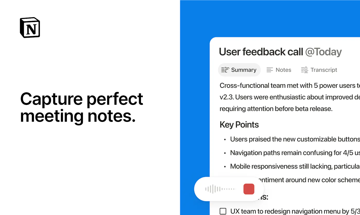 Notion AI Meeting Notes summary and recording interface from its Product Hunt launch