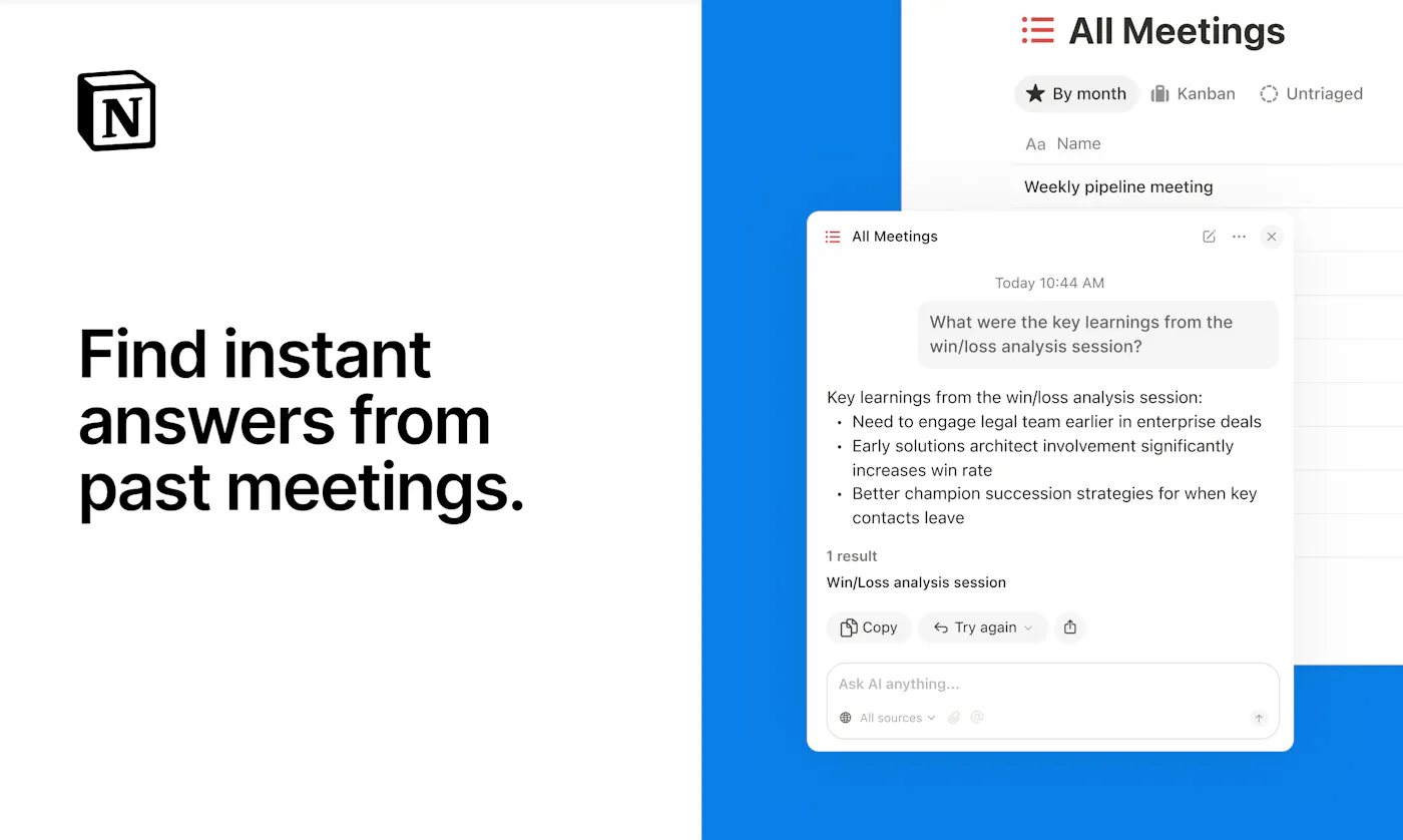 Notion AI search across past meetings from its Product Hunt launch