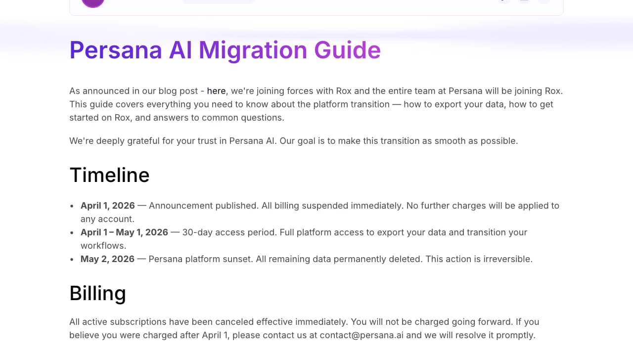 Persana AI migration guide showing April billing suspension, the export period, May platform sunset, and canceled subscriptions