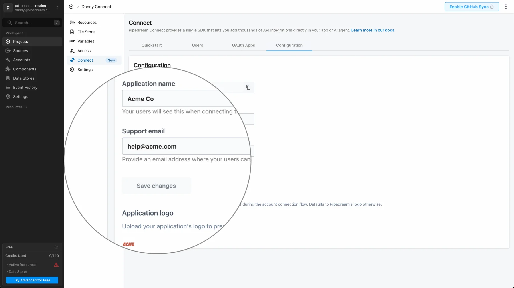 Pipedream Connect project configuration for application name, support email, and logo