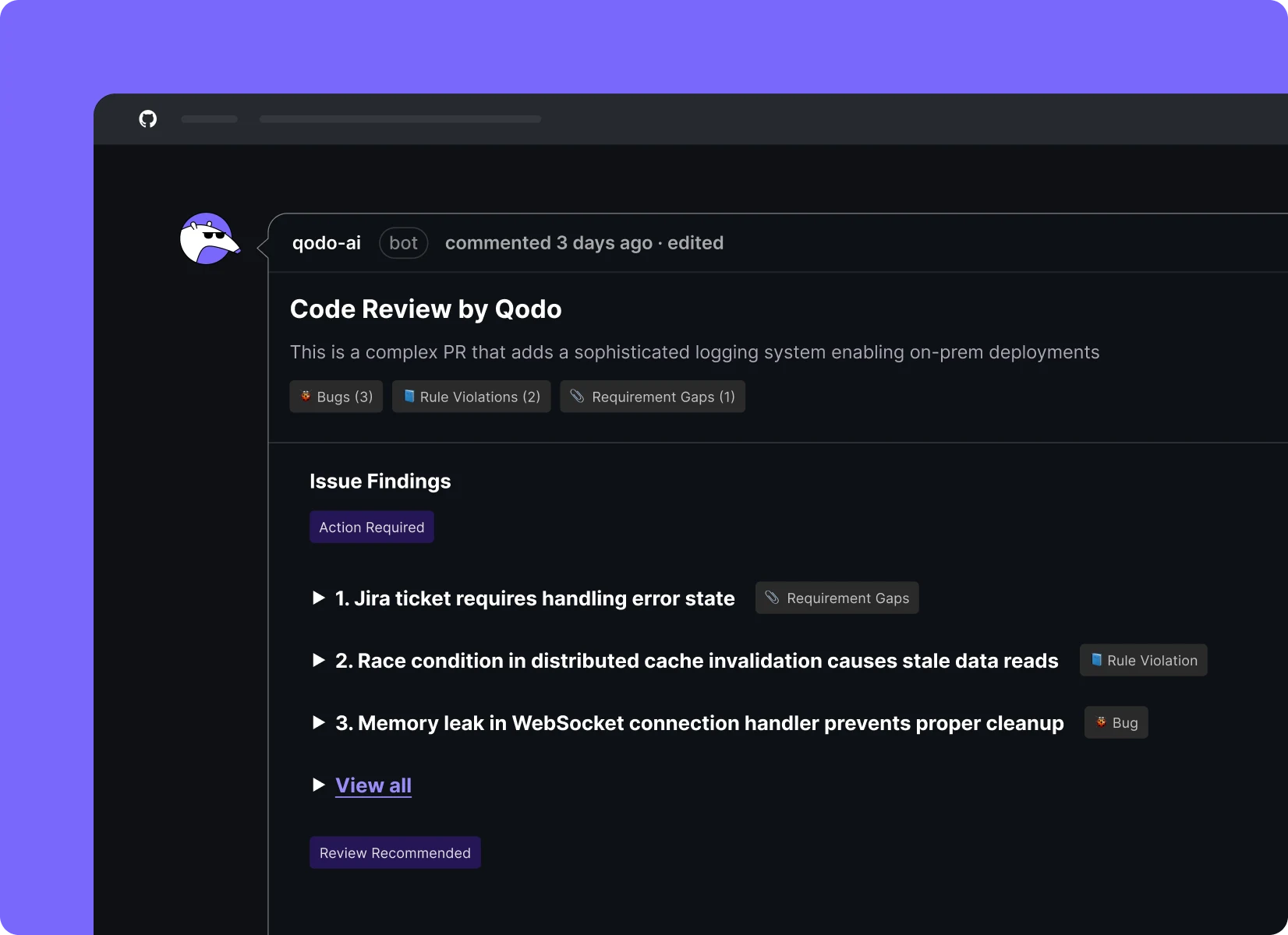 Qodo pull request review summary grouping bugs, rule violations, and requirement gaps by severity
