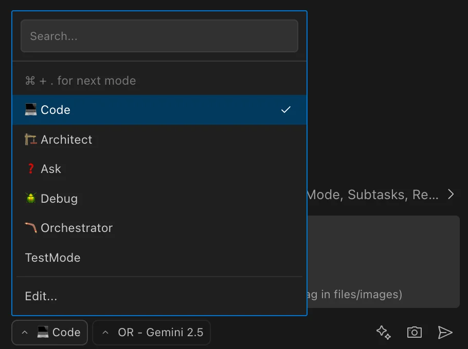 Roo Code mode selector showing Code, Architect, Ask, Debug and Orchestrator