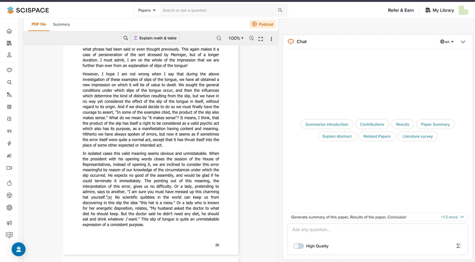 SciSpace vendor example with a research PDF beside the Chat with PDF question panel