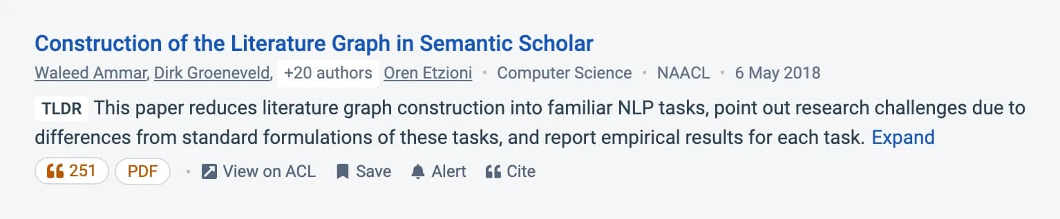 Semantic Scholar vendor sample showing a paper result with an AI-generated TLDR, citation count, PDF link, save, alert, and cite controls