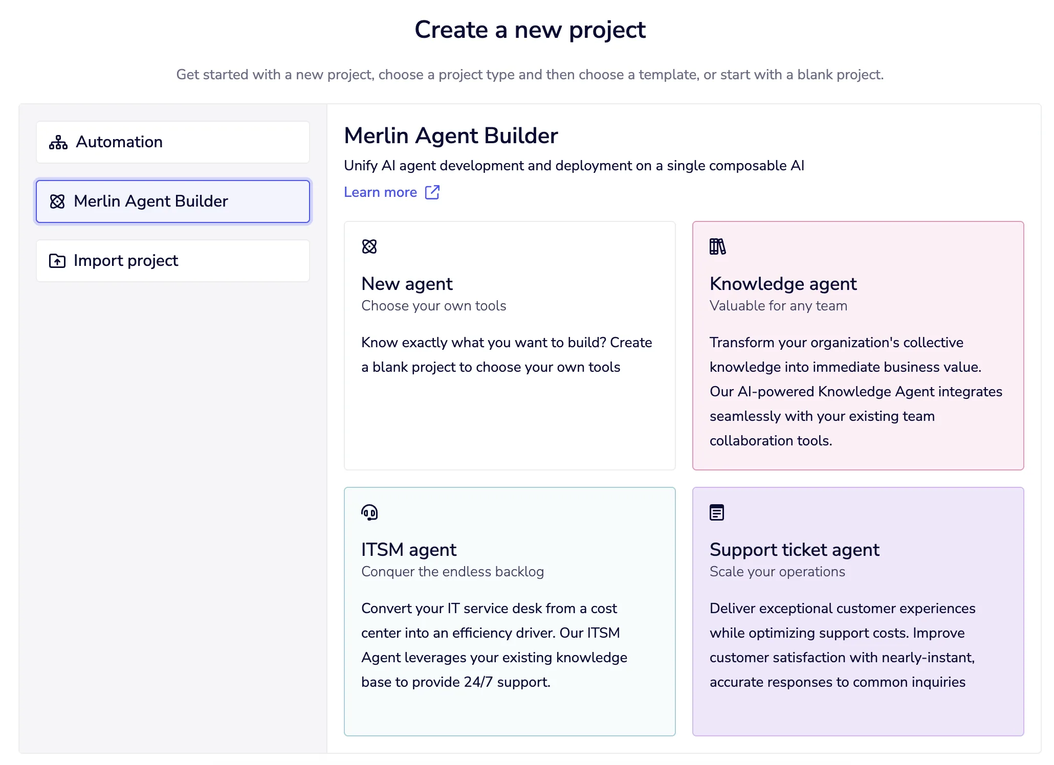 Tray Merlin Agent Builder project screen with blank, knowledge, ITSM, and support-ticket agents
