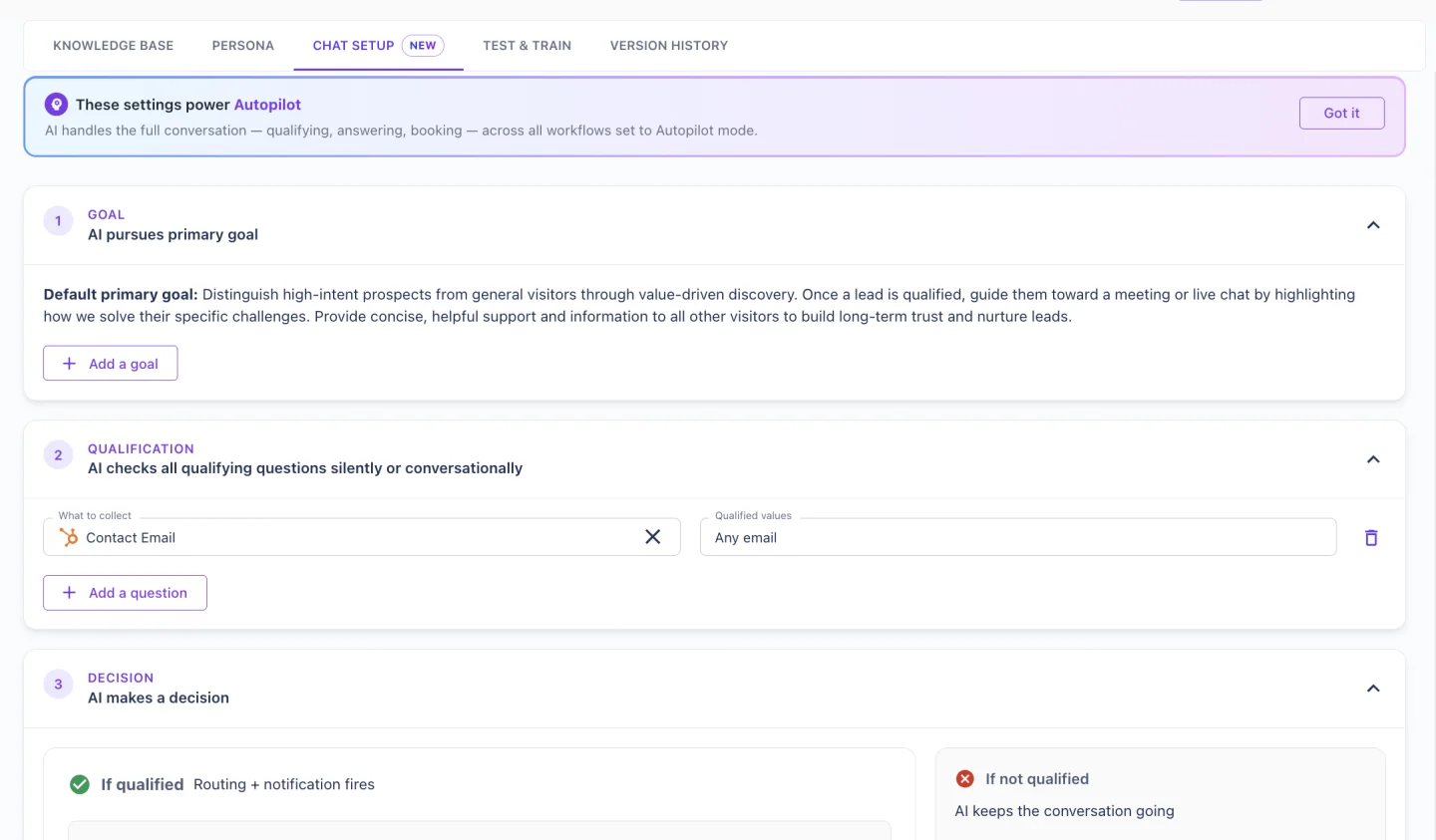Warmly Autopilot settings for goals, qualification questions, and qualified or unqualified decisions
