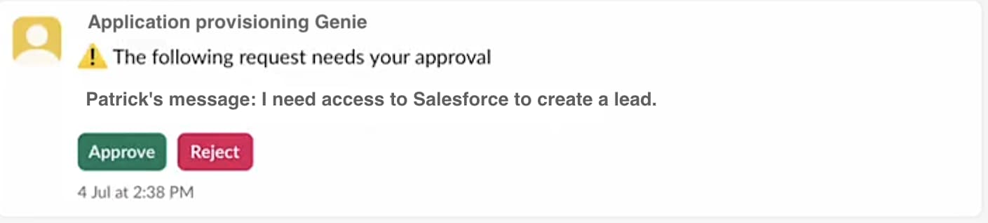 Workato Application provisioning Genie asking a reviewer to approve or reject Salesforce access