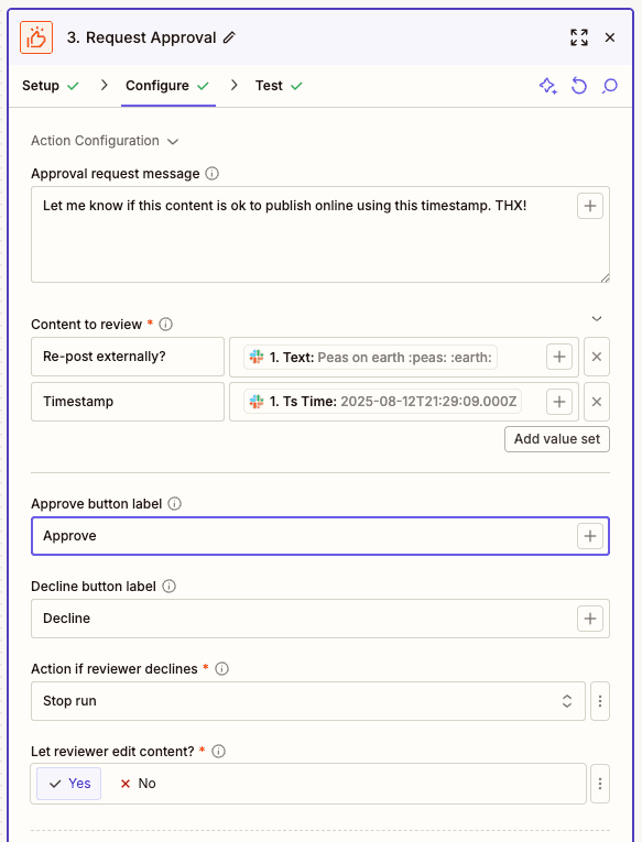 Zapier Human in the Loop Request Approval action configuration