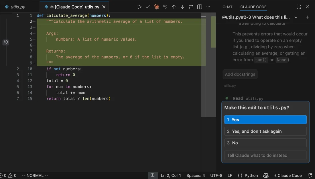 Claude Code VS Code diff with an edit permission prompt