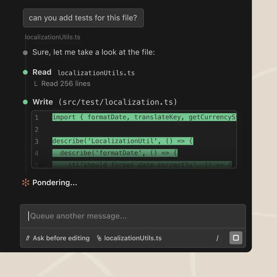 Claude Code reading a TypeScript utility and proposing a unit test in VS Code