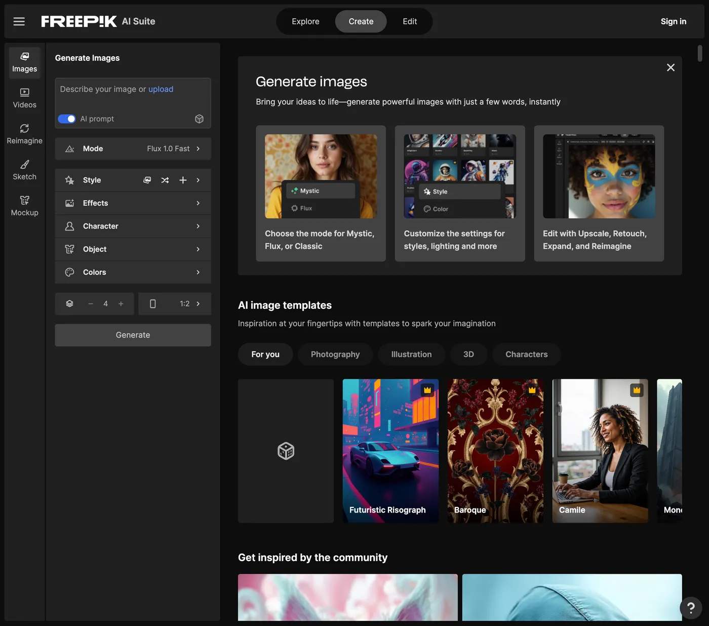 Freepik AI Suite image generation workspace