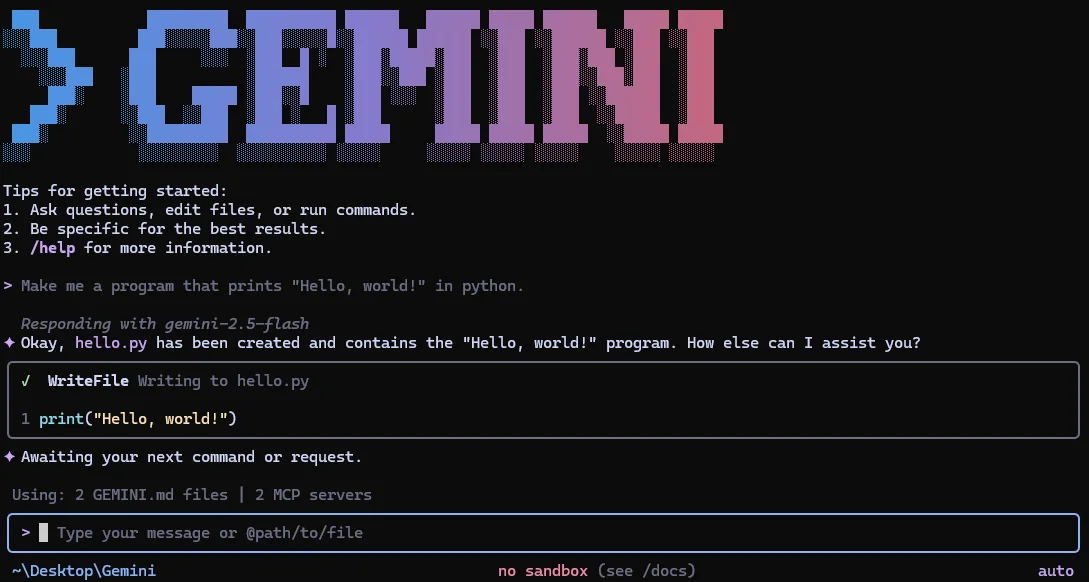 Gemini CLI terminal showing a completed file write, GEMINI.md context, MCP servers, approval mode, and sandbox status