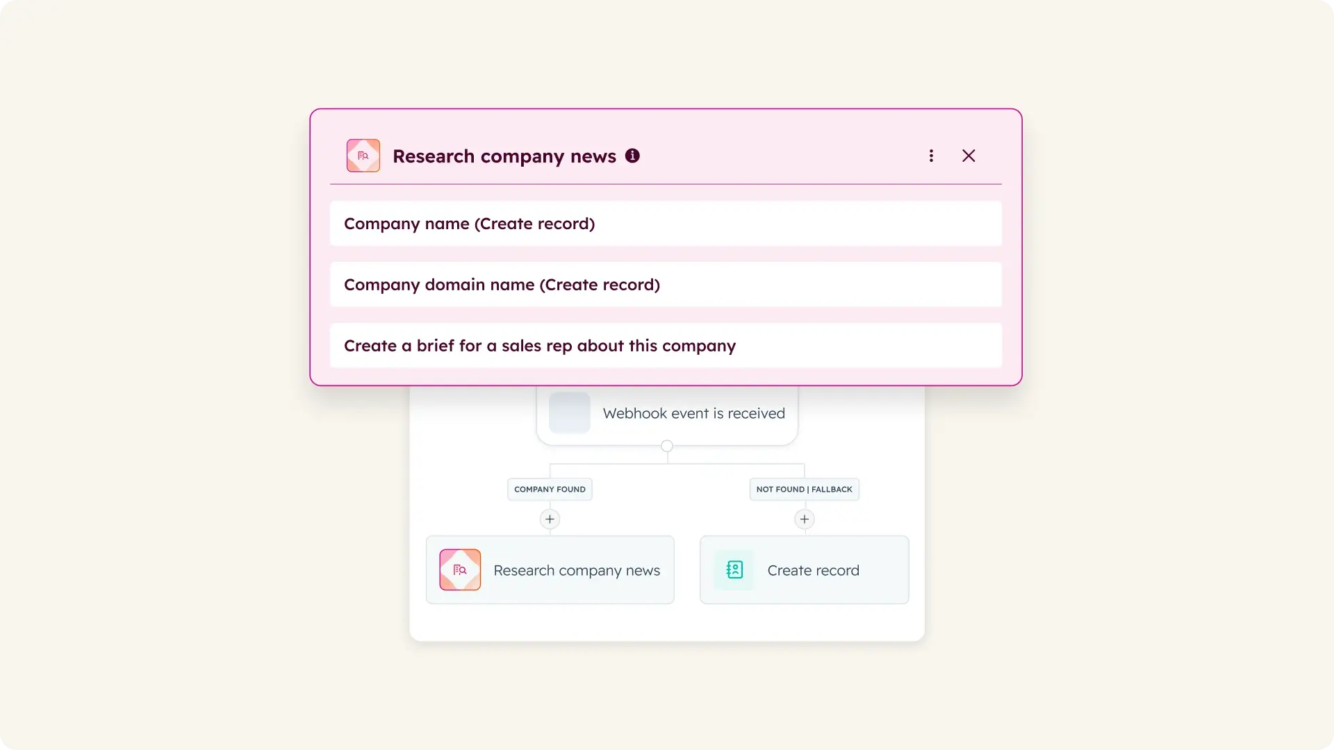 HubSpot Agent Hub builder configuring a company-news research action and fallback path