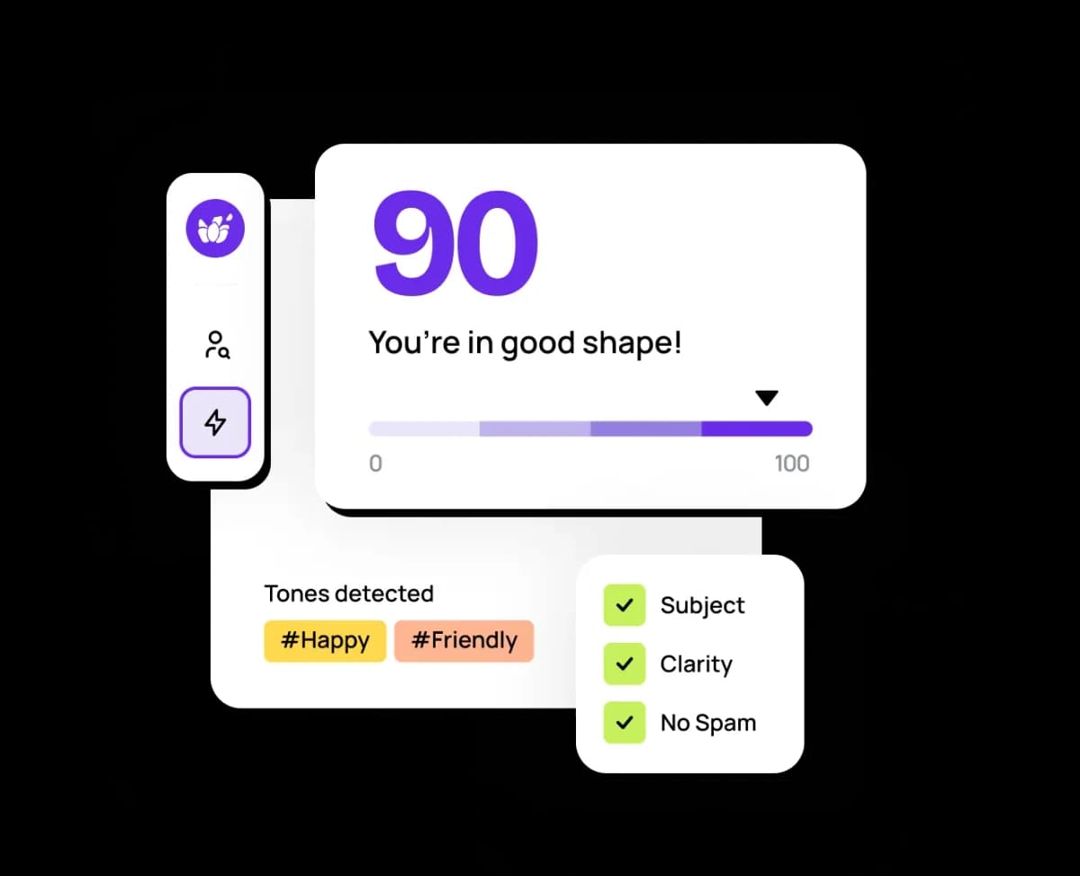 Lavender vendor illustration showing an email quality score of 90, detected tones, and subject, clarity, and spam checks