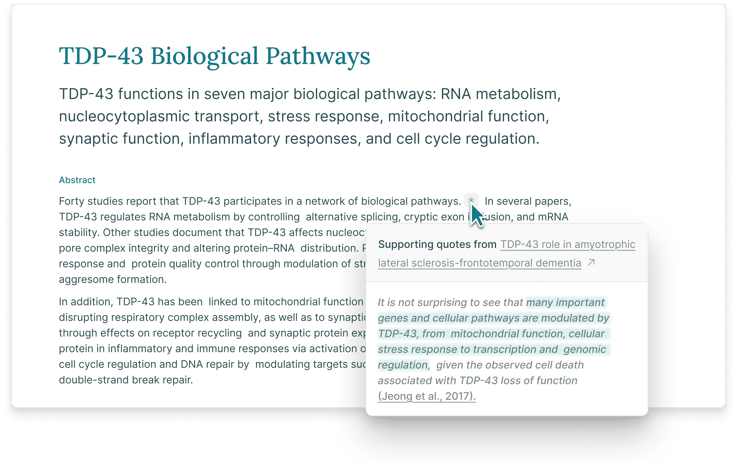 Elicit vendor example of a generated research report with a supporting quote opened beside a cited claim