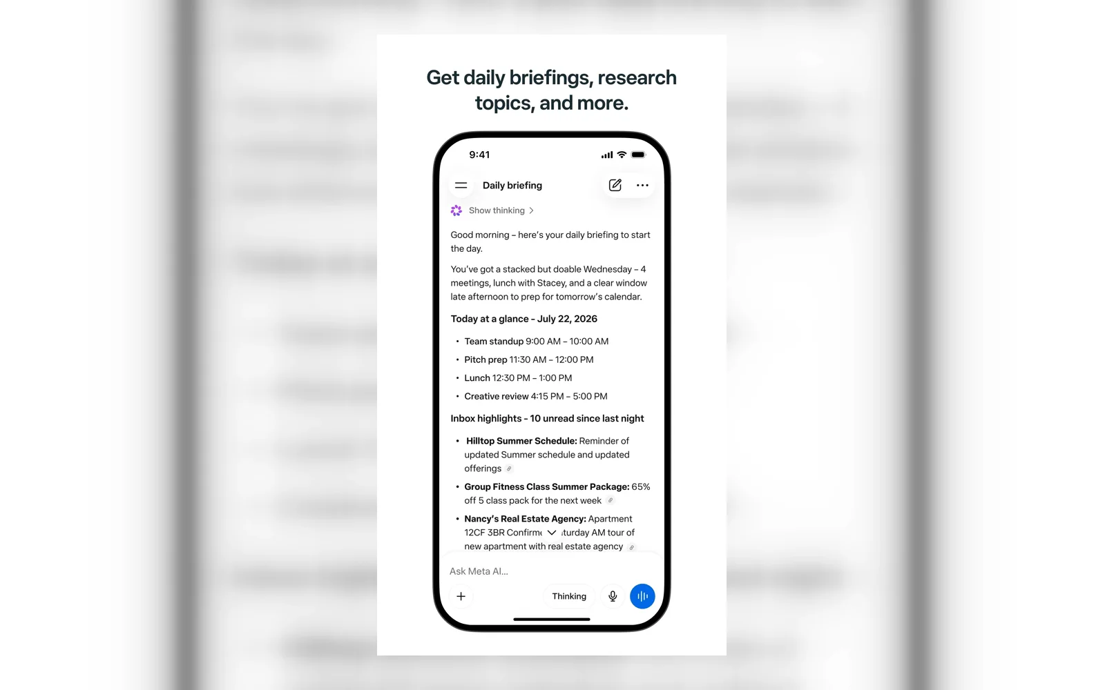 Meta AI mobile app showing a personalized daily briefing