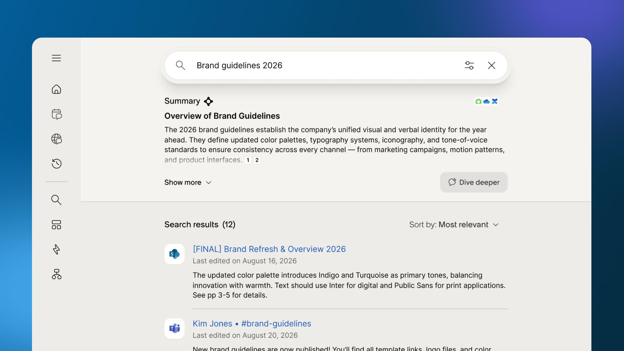 Moveworks vendor example showing an AI summary with citations above ranked workplace search results