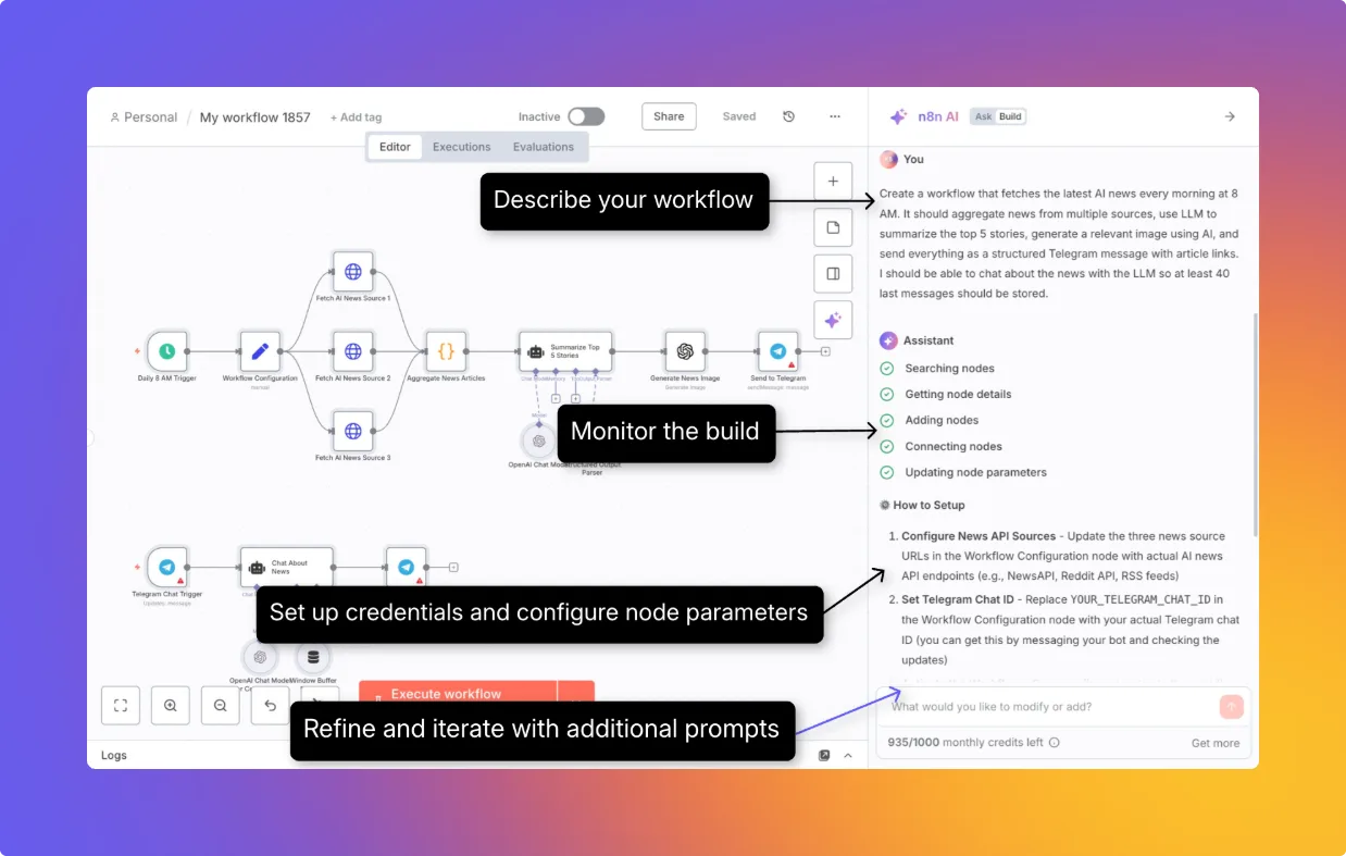 n8n AI Workflow Builder creating and refining workflow nodes from a prompt