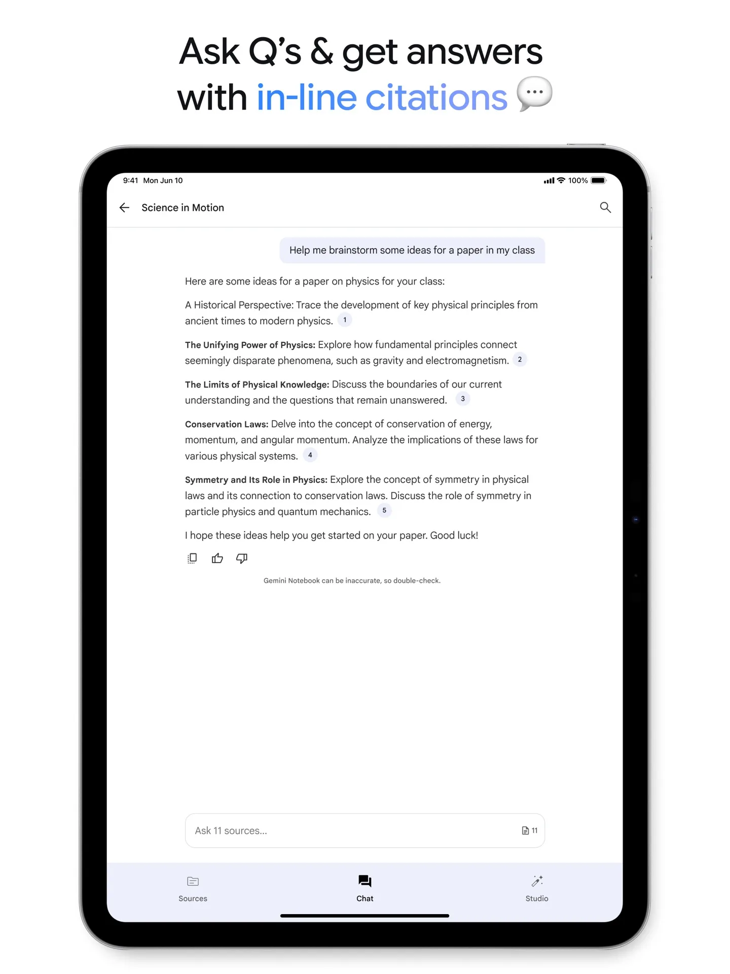 Gemini Notebook tablet answer with numbered inline citation markers and source count