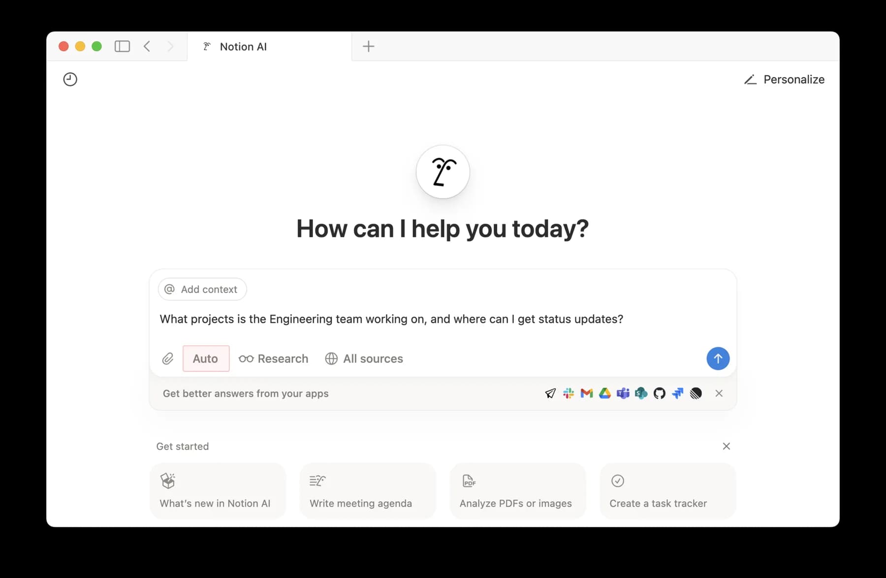 Notion vendor interface example with an enterprise search question, Add context, Research, and All sources controls