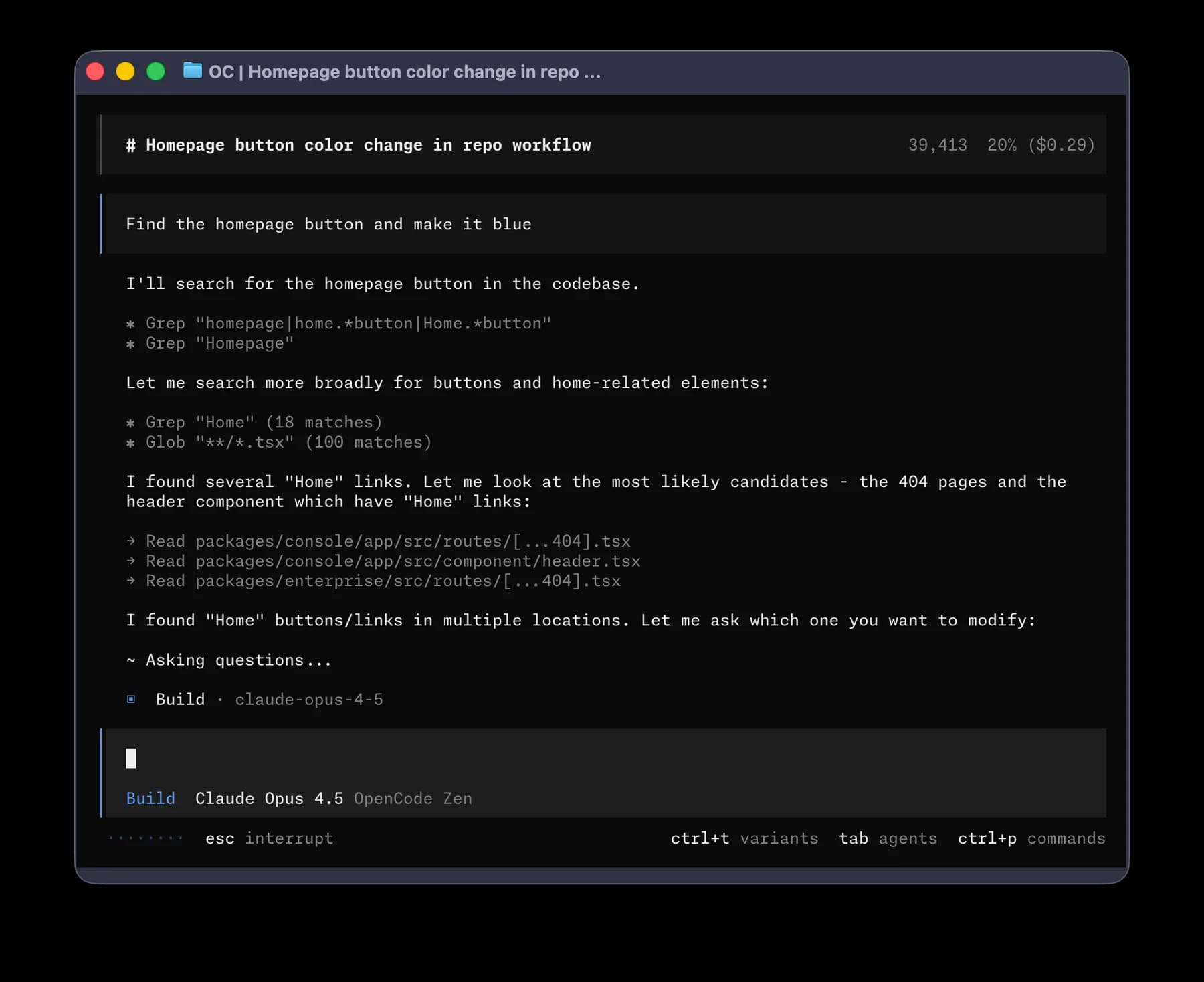 OpenCode terminal searches a repository and asks which matching button to modify