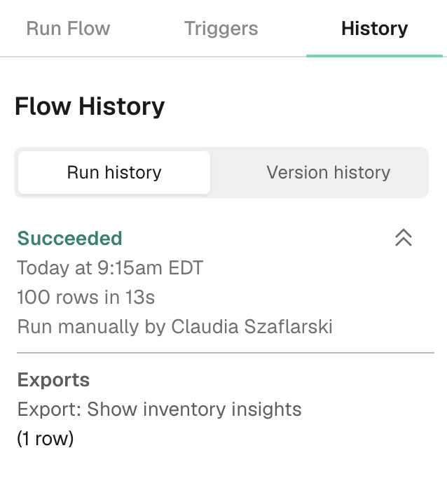 Prowork Flow History panel showing a successful run, row count, duration, operator, and export