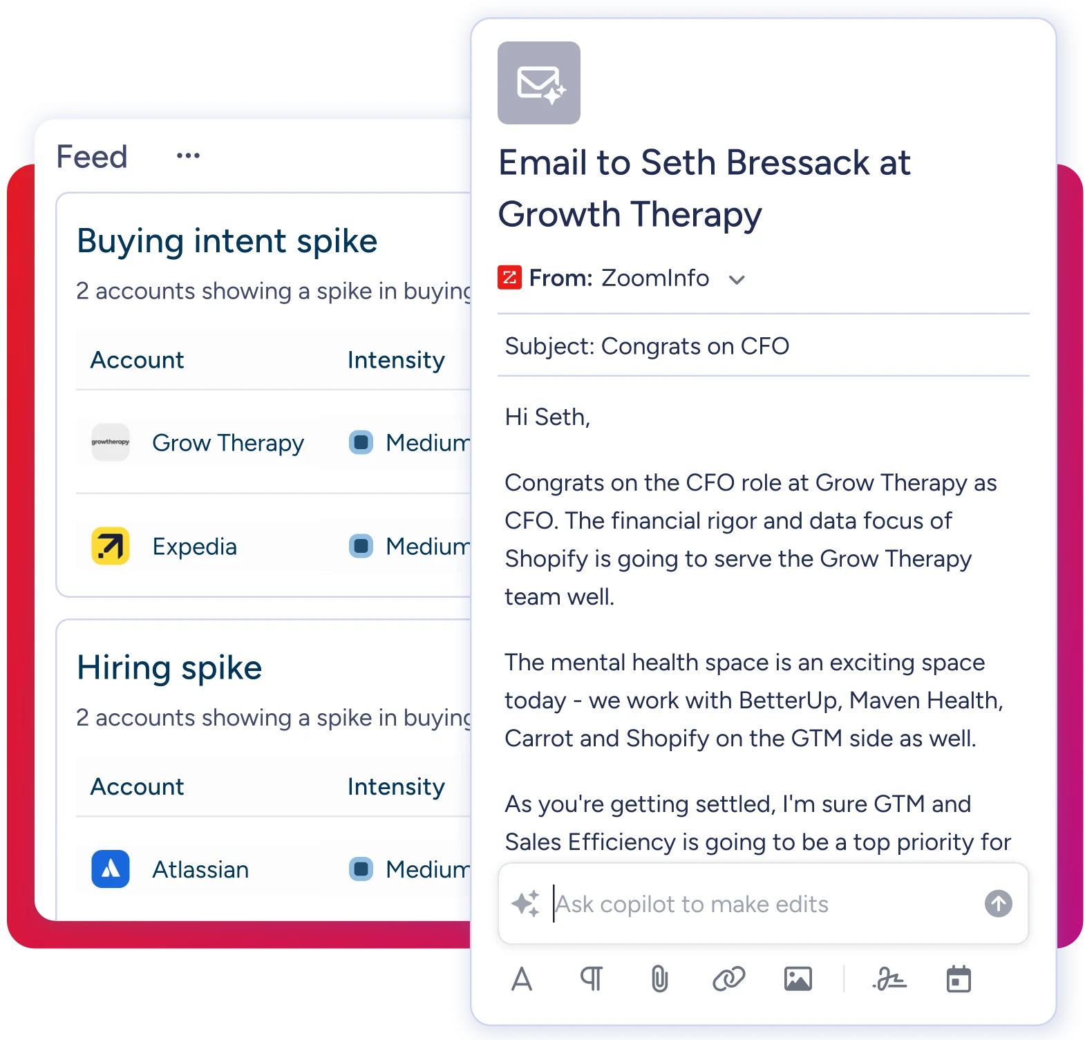 ZoomInfo GTM Workspace signal feed beside an AI-drafted outreach email